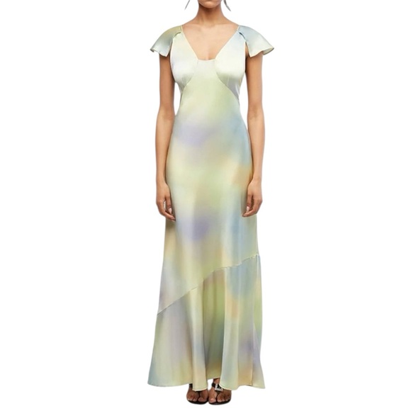 WeWoreWhat Green and Yellow Watercolor Lace Midi Slip Dress Flutter Sleeve Gown - Picture 4 of 10